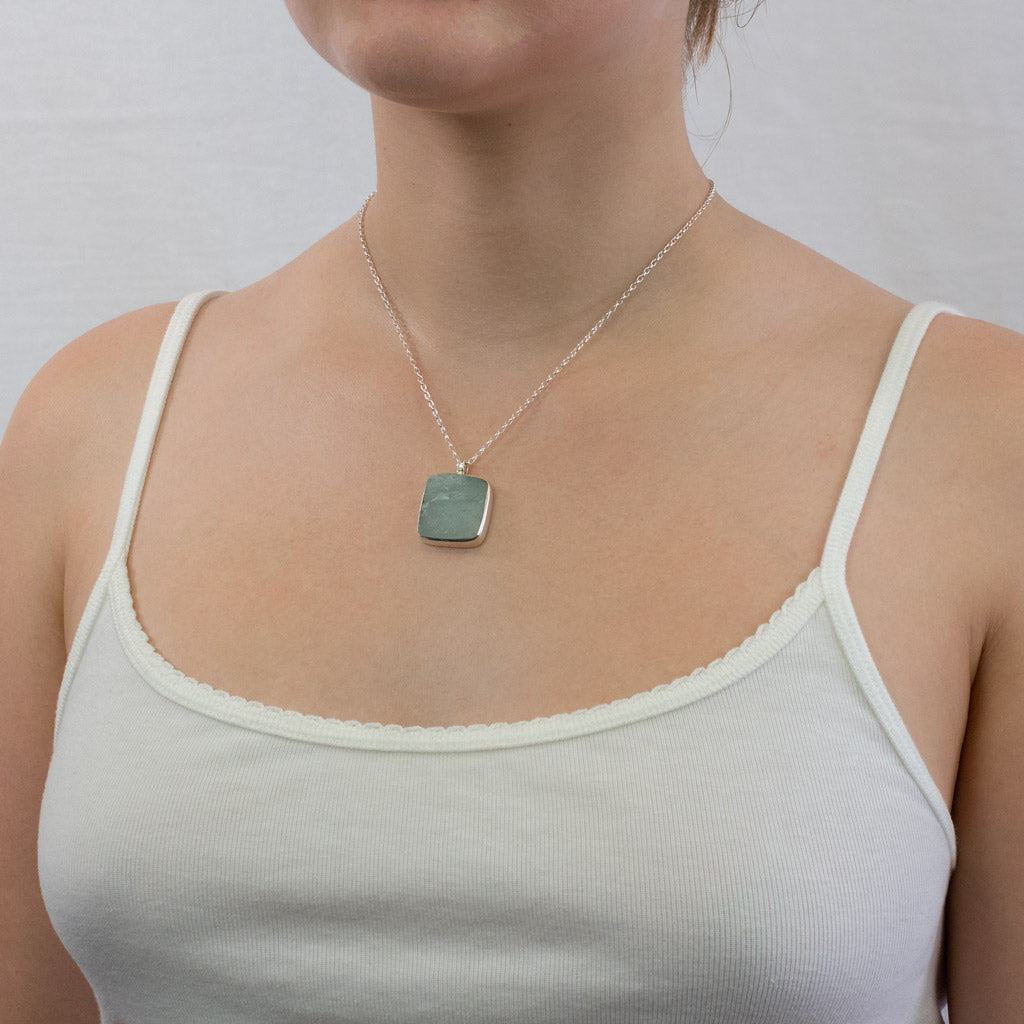 Raw Aquamarine necklace on model
