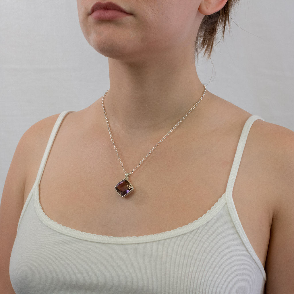 Faceted Diamond Ametrine necklace on model