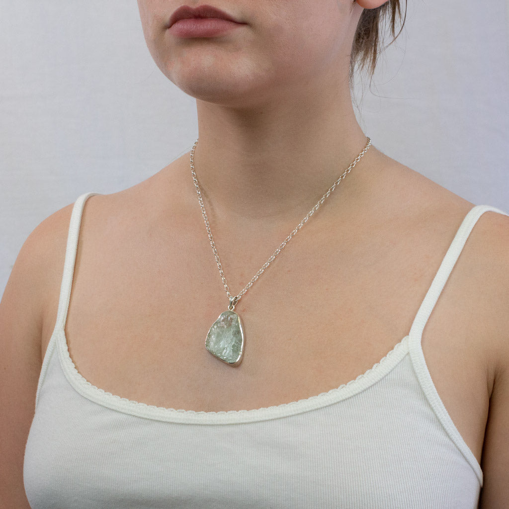 Raw Aquamarine necklace on model