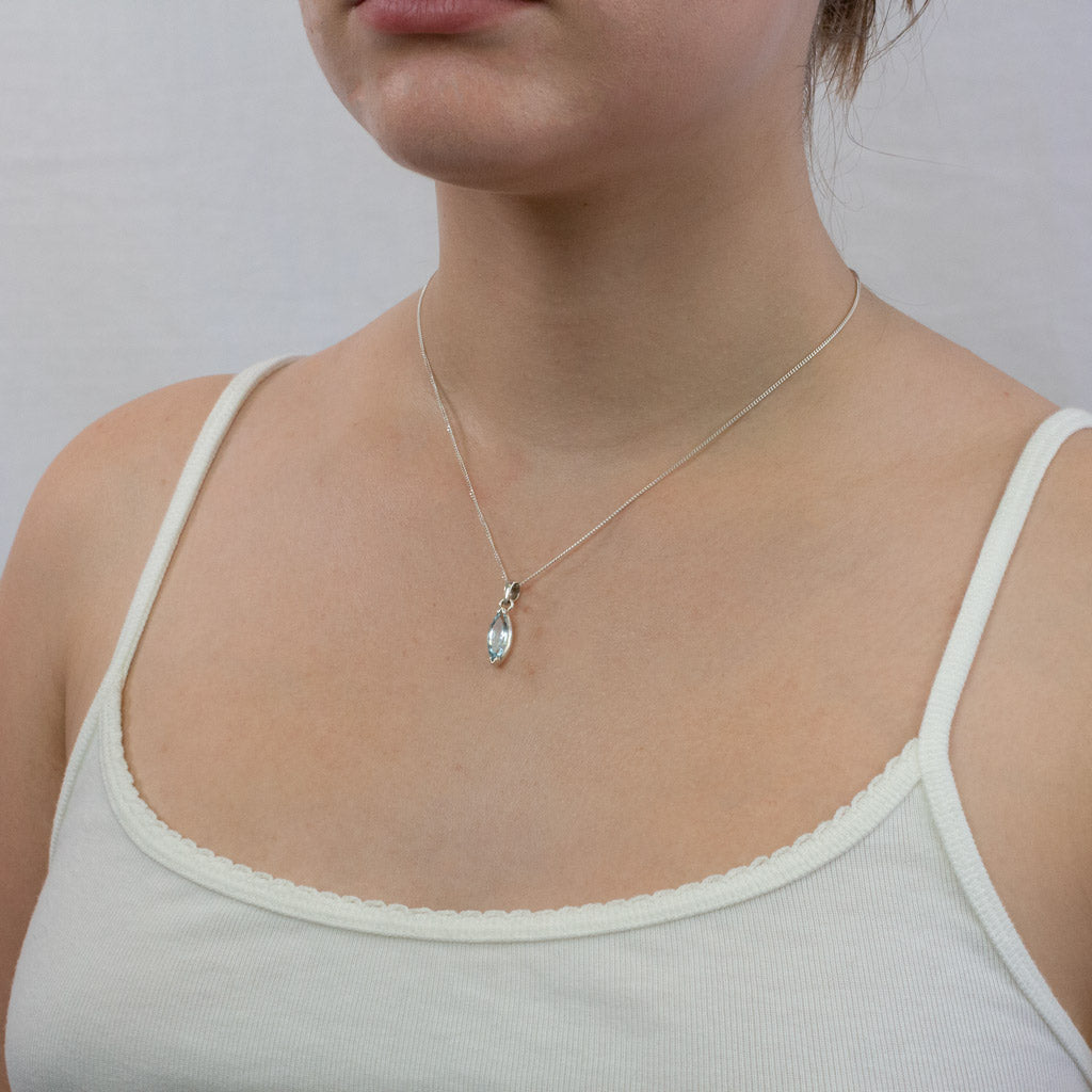 Faceted Marquis Aquamarine necklace on model