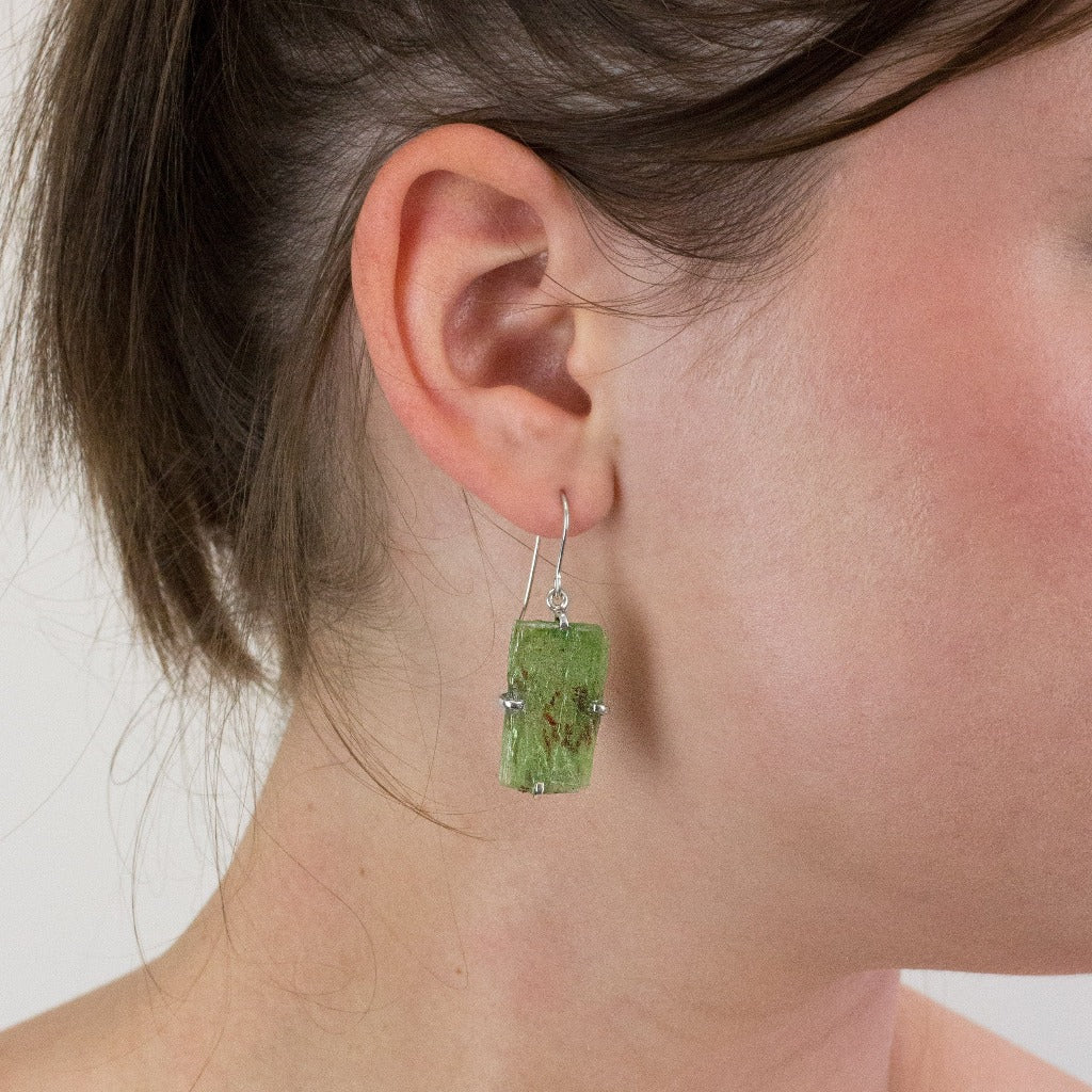 Green Kyanite drop earrings on model