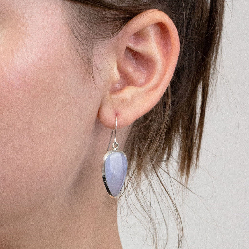 Blue Lace Agate drop earrings on model