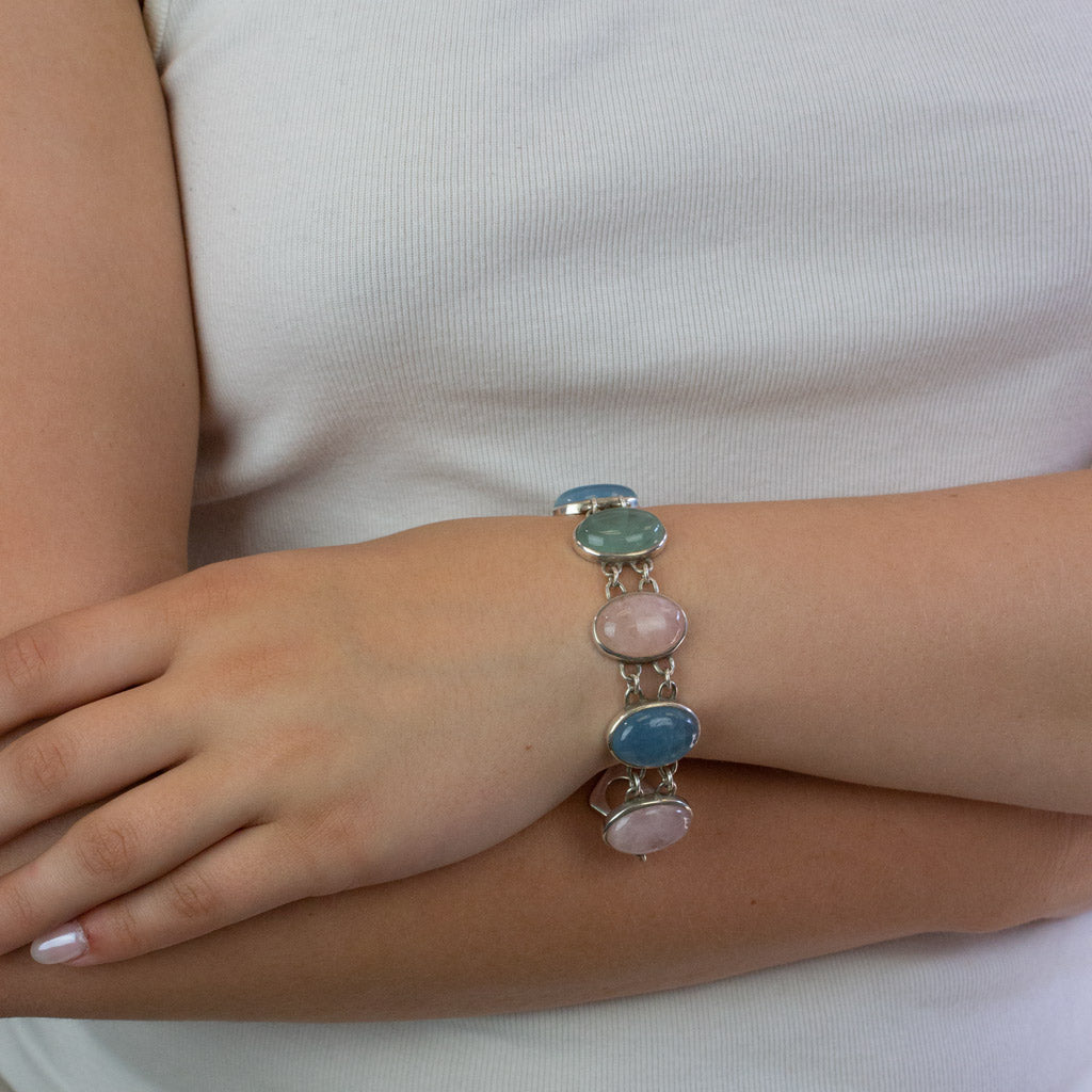 Aquamarine, Emerald, and Morganite bracelet on model