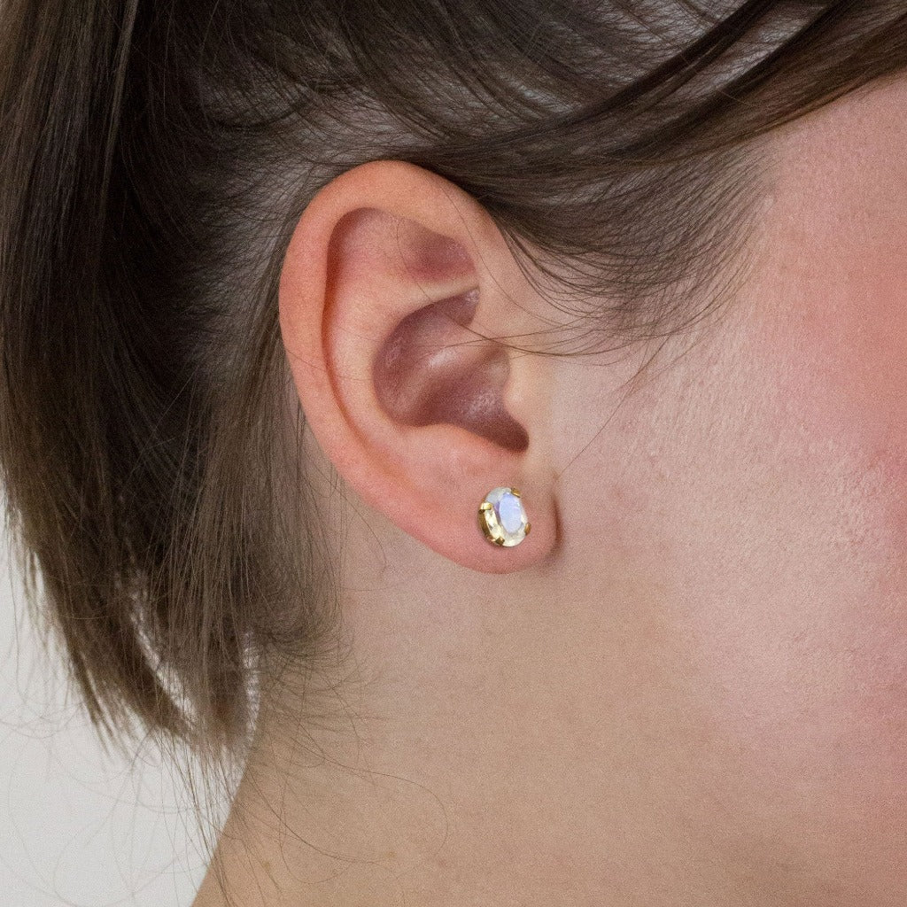 Rainbow Moonstone stud earrings on model