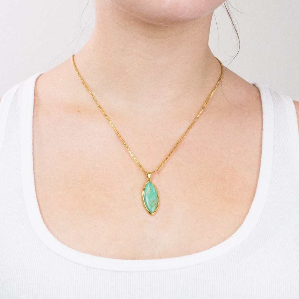 Marquis cabochon 14k yellow gold vermeil Campo frio turquoise necklace on model
