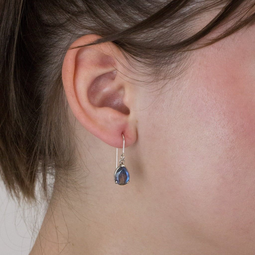 Labradorite drop earrings on model