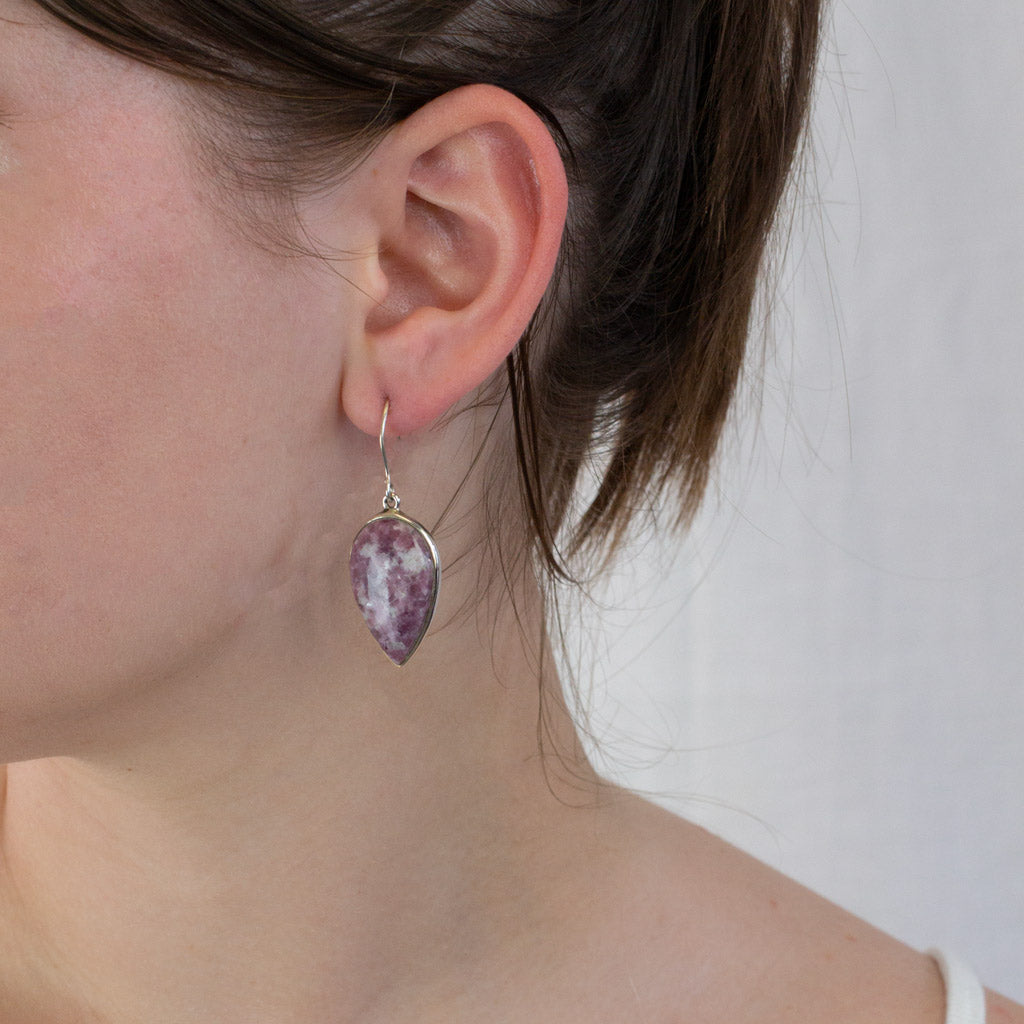 Lepidolite drop earrings on model