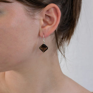 Smokey Quartz drop earrings on model