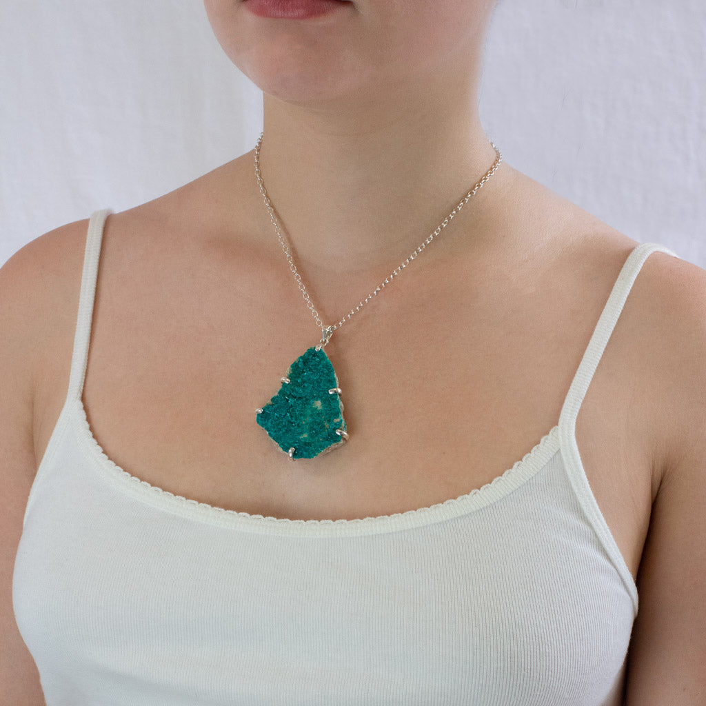Raw Dioptase necklace on model