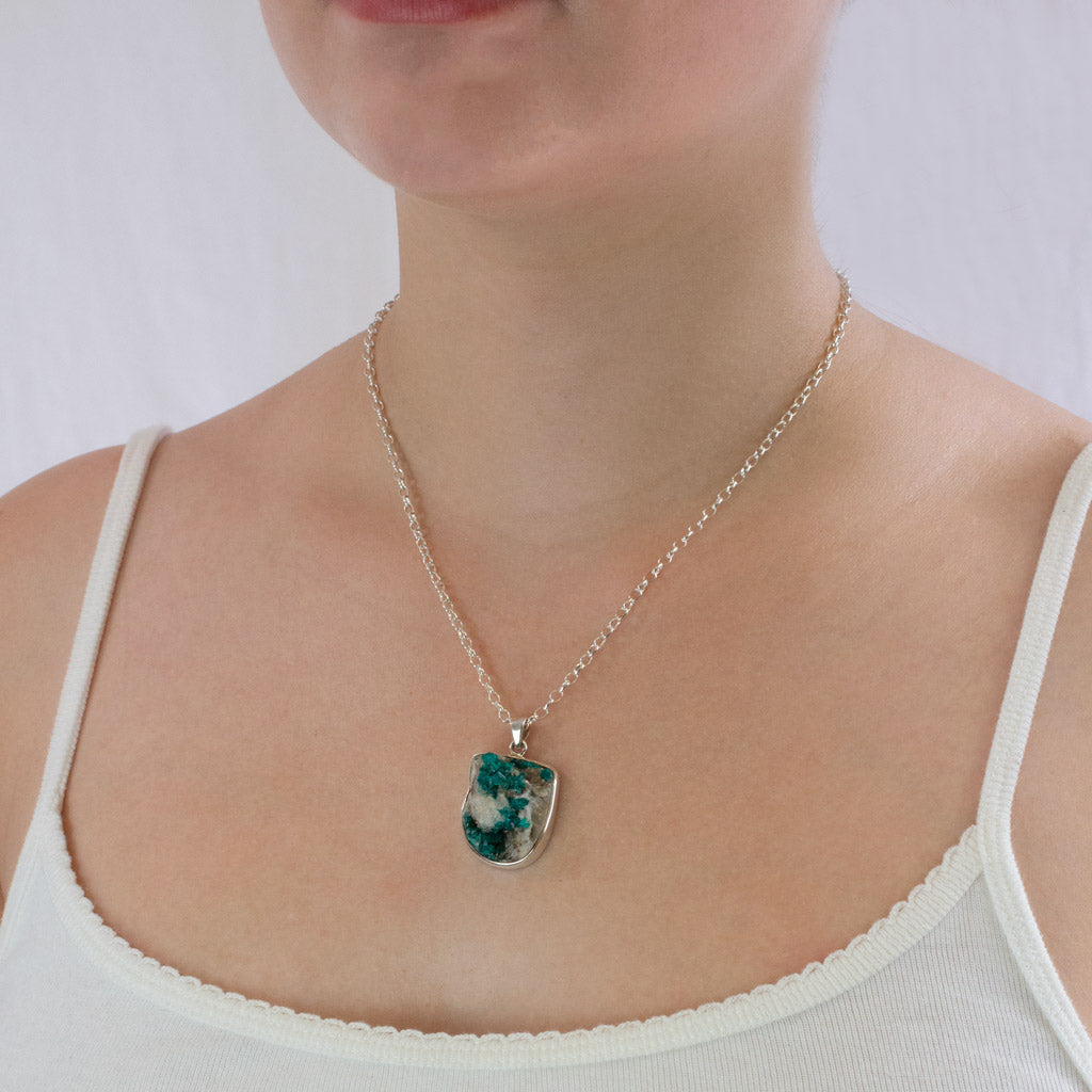 Dioptase necklace on model