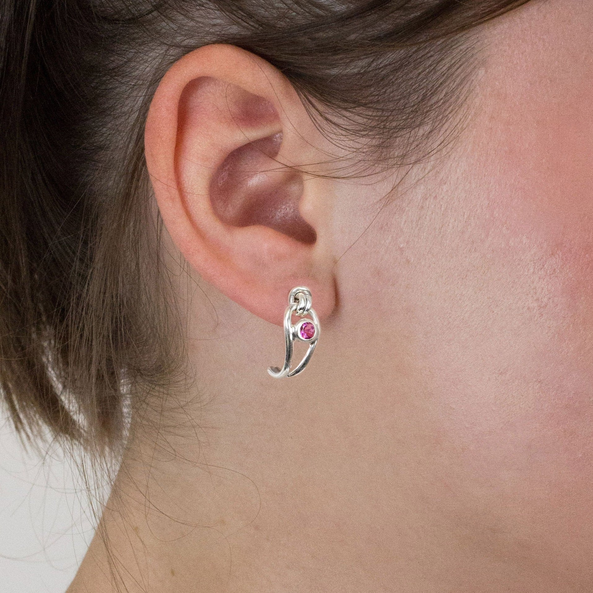 Pink Tourmaline stud earrings on model