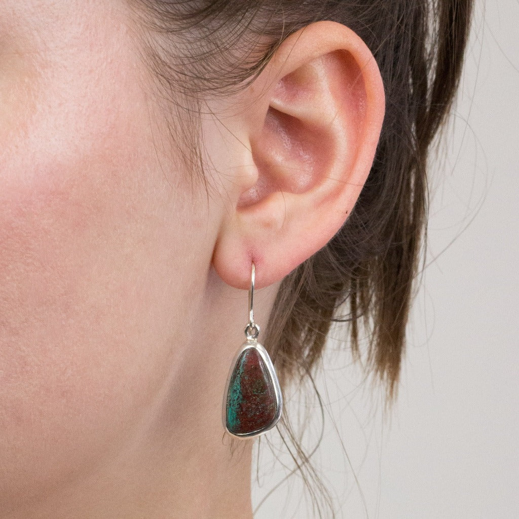Chrysocolla Cuprite drop earrings on model