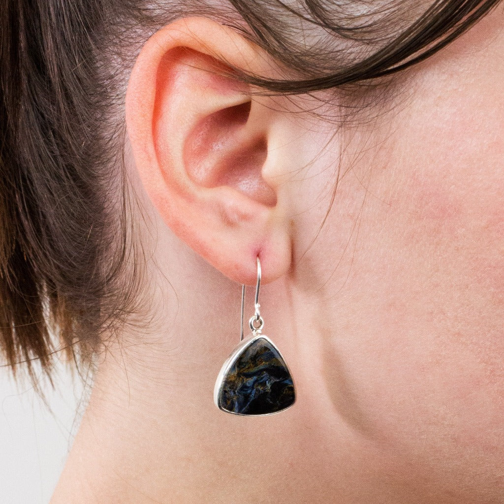 Pietersite drop earrings on model