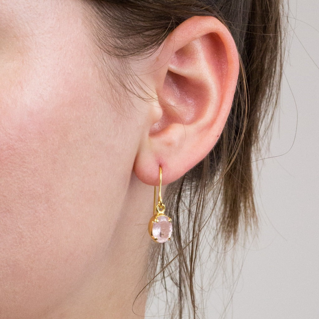 Morganite drop earrings on model