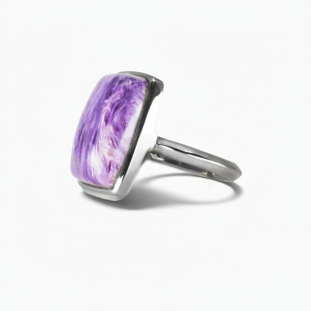 Charoite rectangular cabochon ring in sterling silver with swirling purple gemstone | MADE IN EARTH