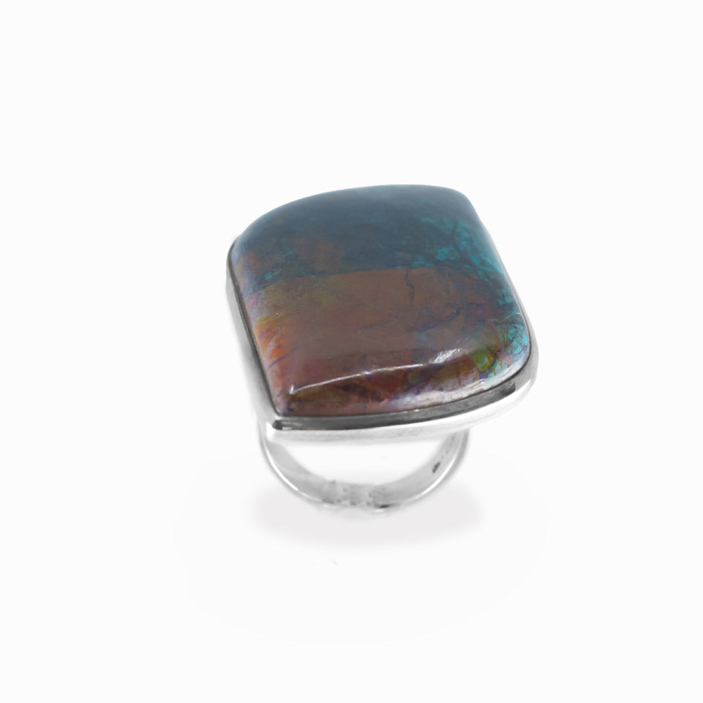 Chrysocolla Cuprite freeform cabochon ring in polished sterling silver with vivid teal blue, turquoise and warm copper mineral patterns.