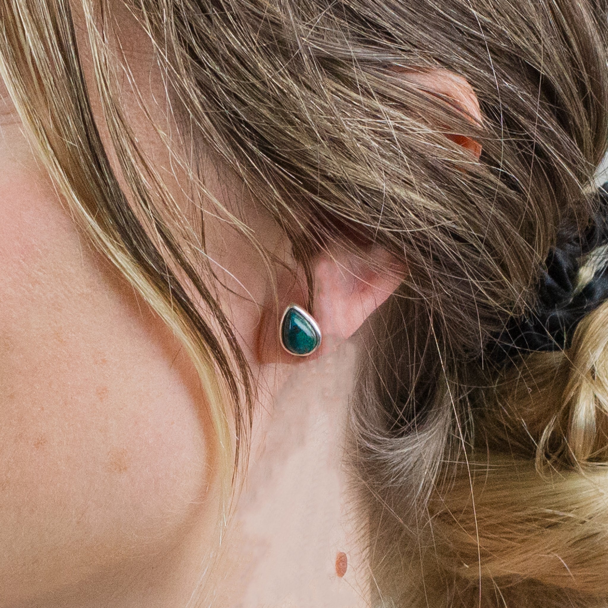 CHRYSOCOLLA EARRINGS ON MODEL 