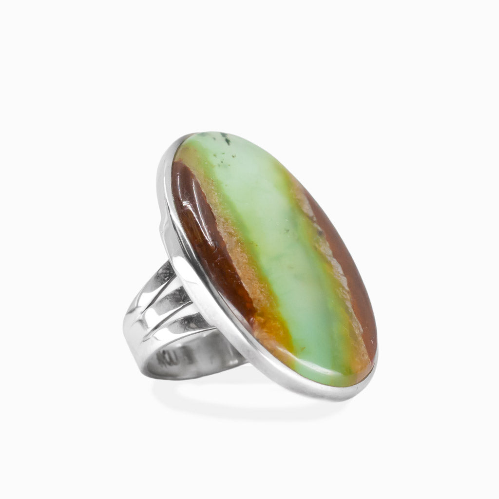 Oval chrysoprase in matrix ring in sterling silver