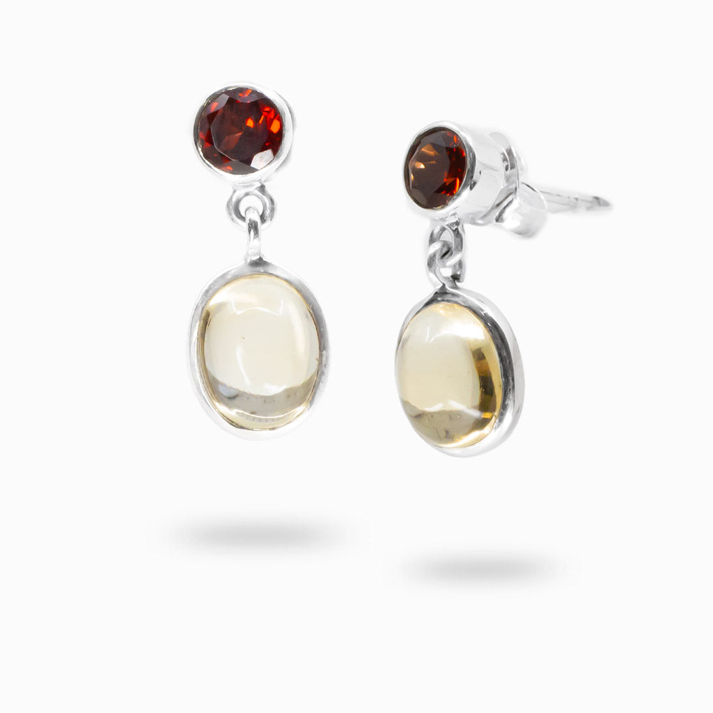 Garnet and citrine stud drop earrings in sterling silver with red and golden stones