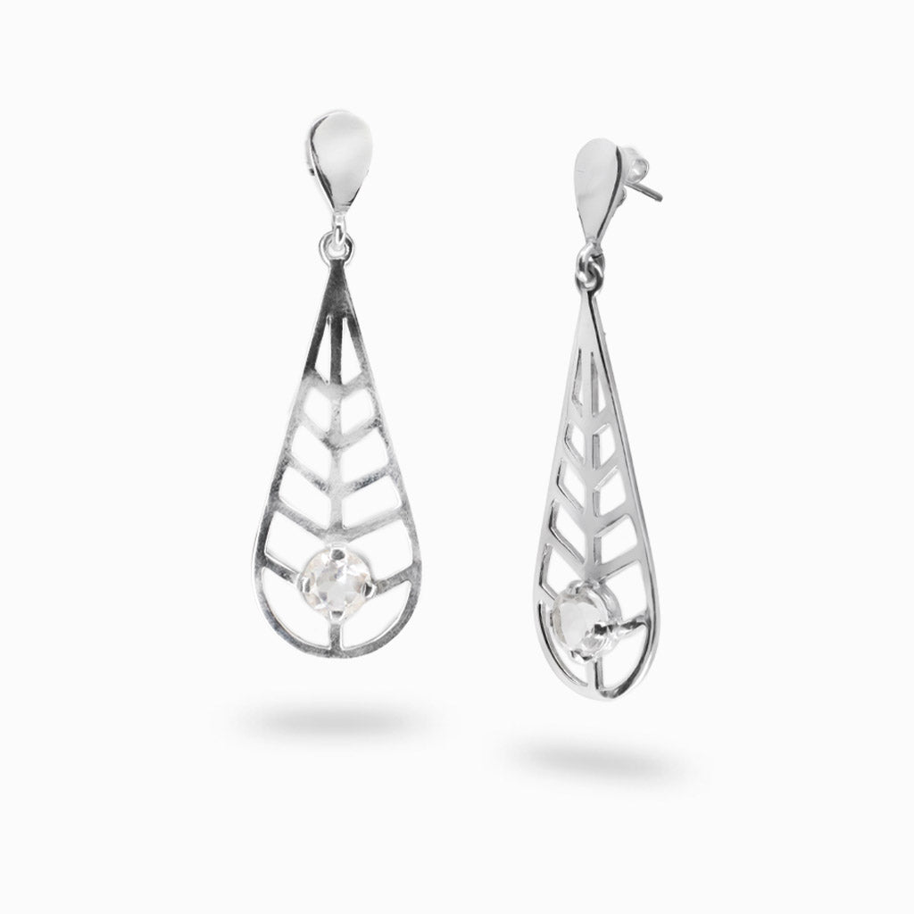 Sterling silver open leaf drop earrings featuring a faceted round Clear Quartz gemstone.