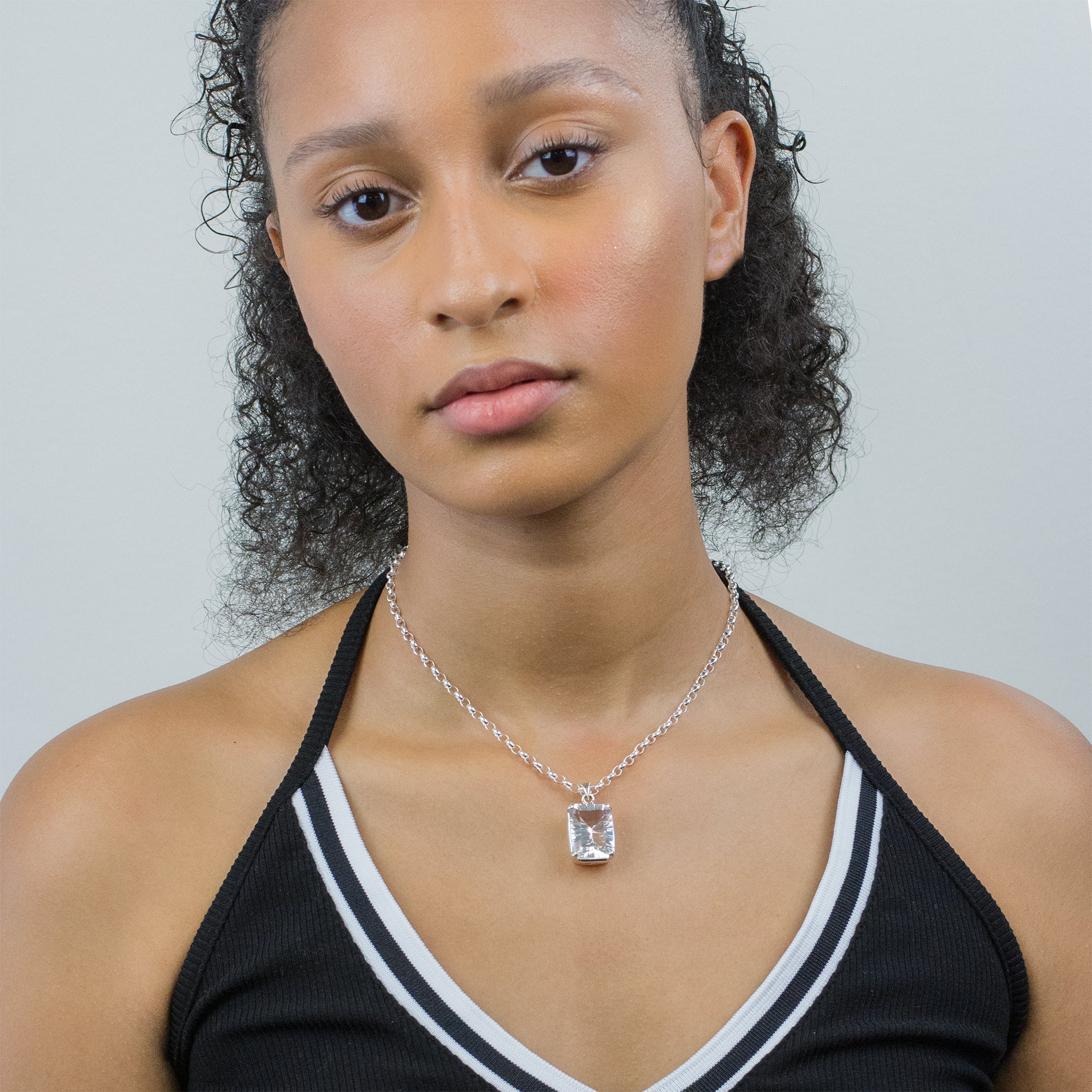 FACETED CLEAR QUARTZ NECKLACE ON MODEL