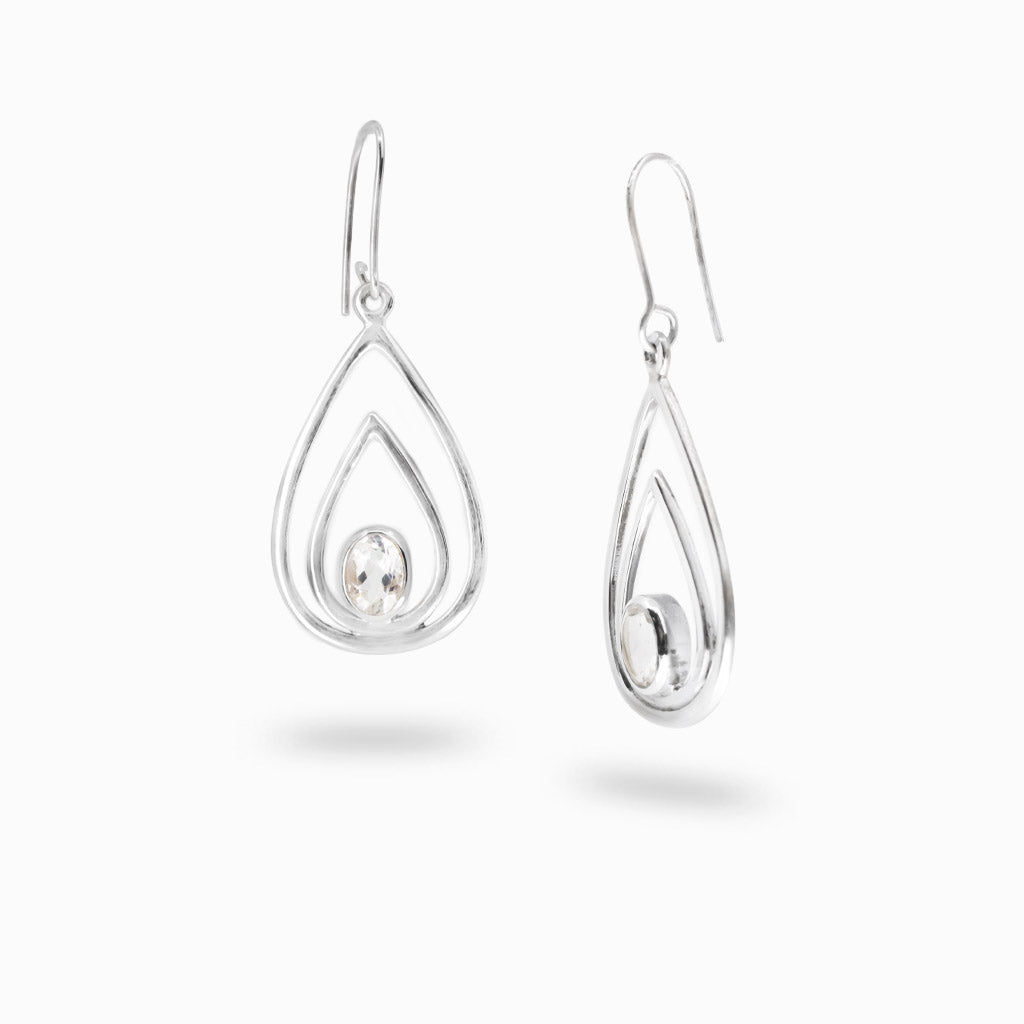 Sterling silver open teardrop earrings featuring a faceted oval Clear Quartz gemstone.