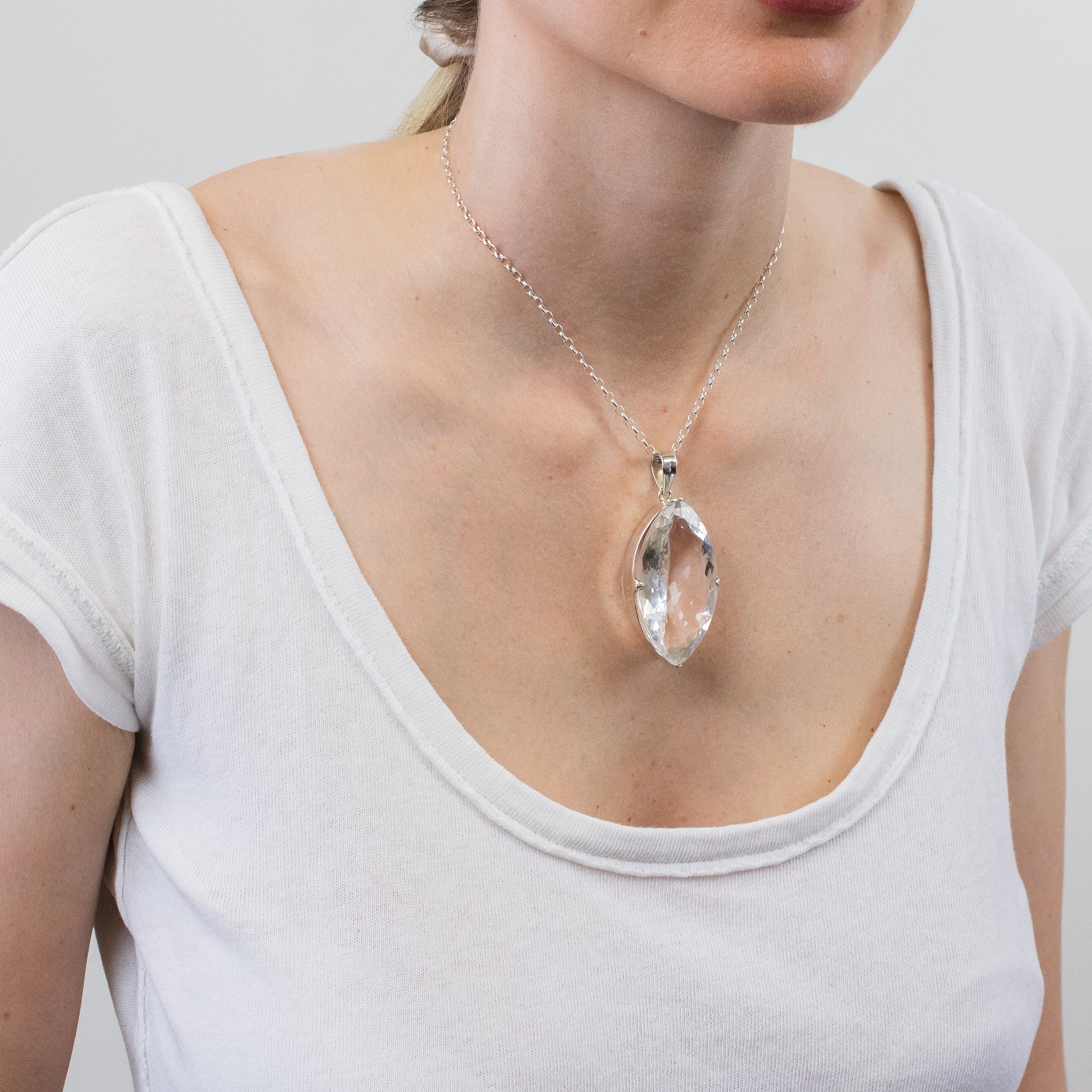 CLEAR QUARTZ NECKLACE ON MODEL