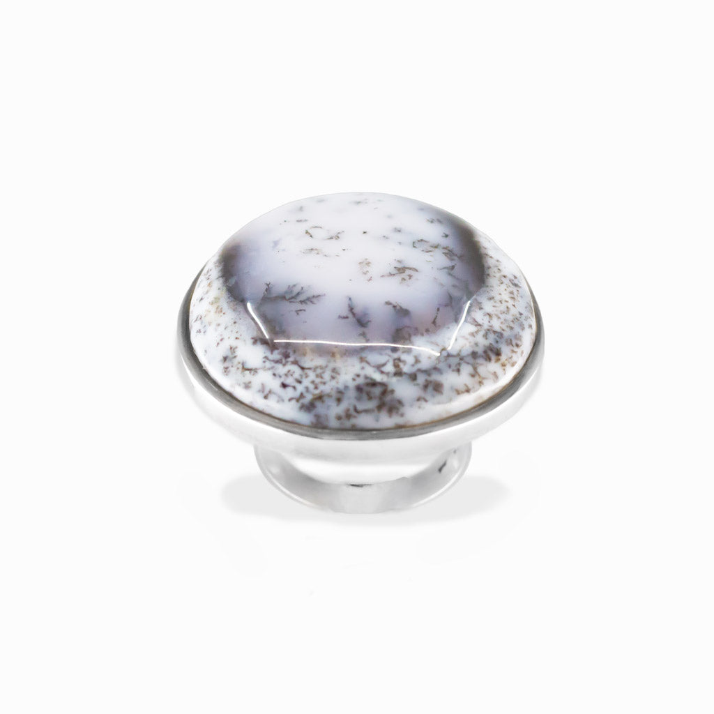 Dendritic Opal round cabochon ring in polished sterling silver with milky white tones and delicate natural branch-like dendritic inclusions.