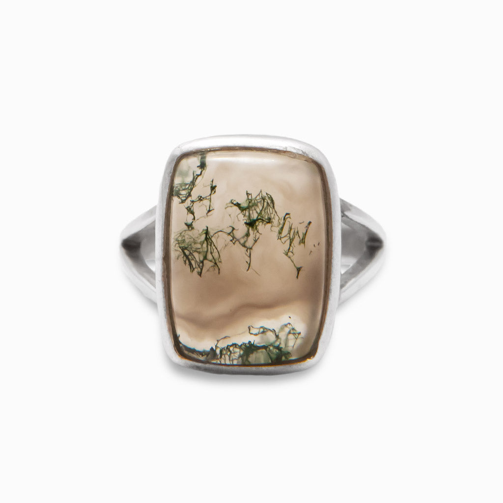 CABOCHON RECTANGLE MOSS AGATE RING