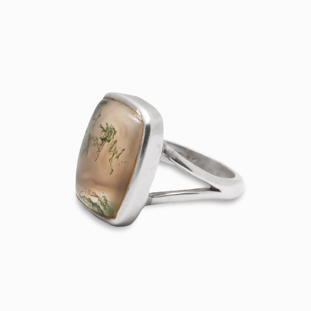 CABOCHON RECTANGLE MOSS AGATE RING