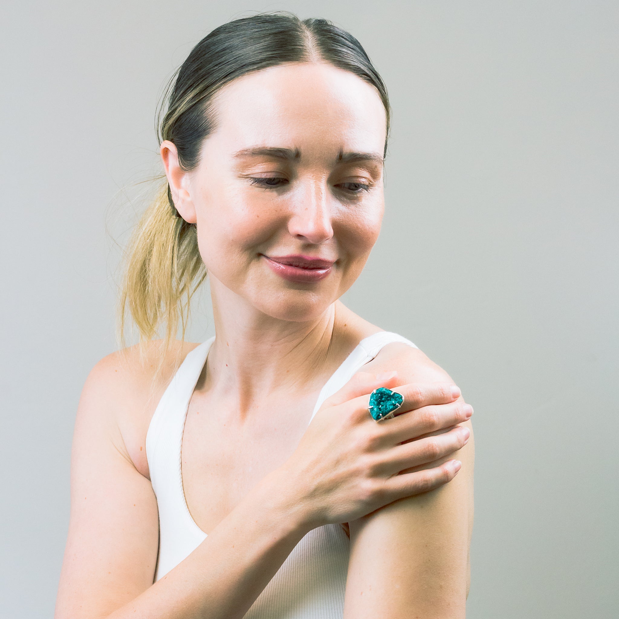 RAW DIOPTASE RING ON MODEL
