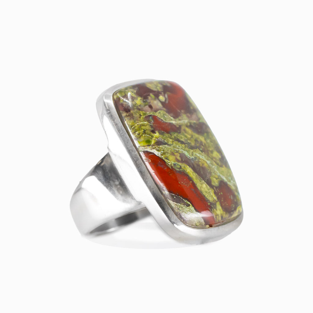 Dragon’s blood jasper rectangular cabochon ring in sterling silver with green and red tones