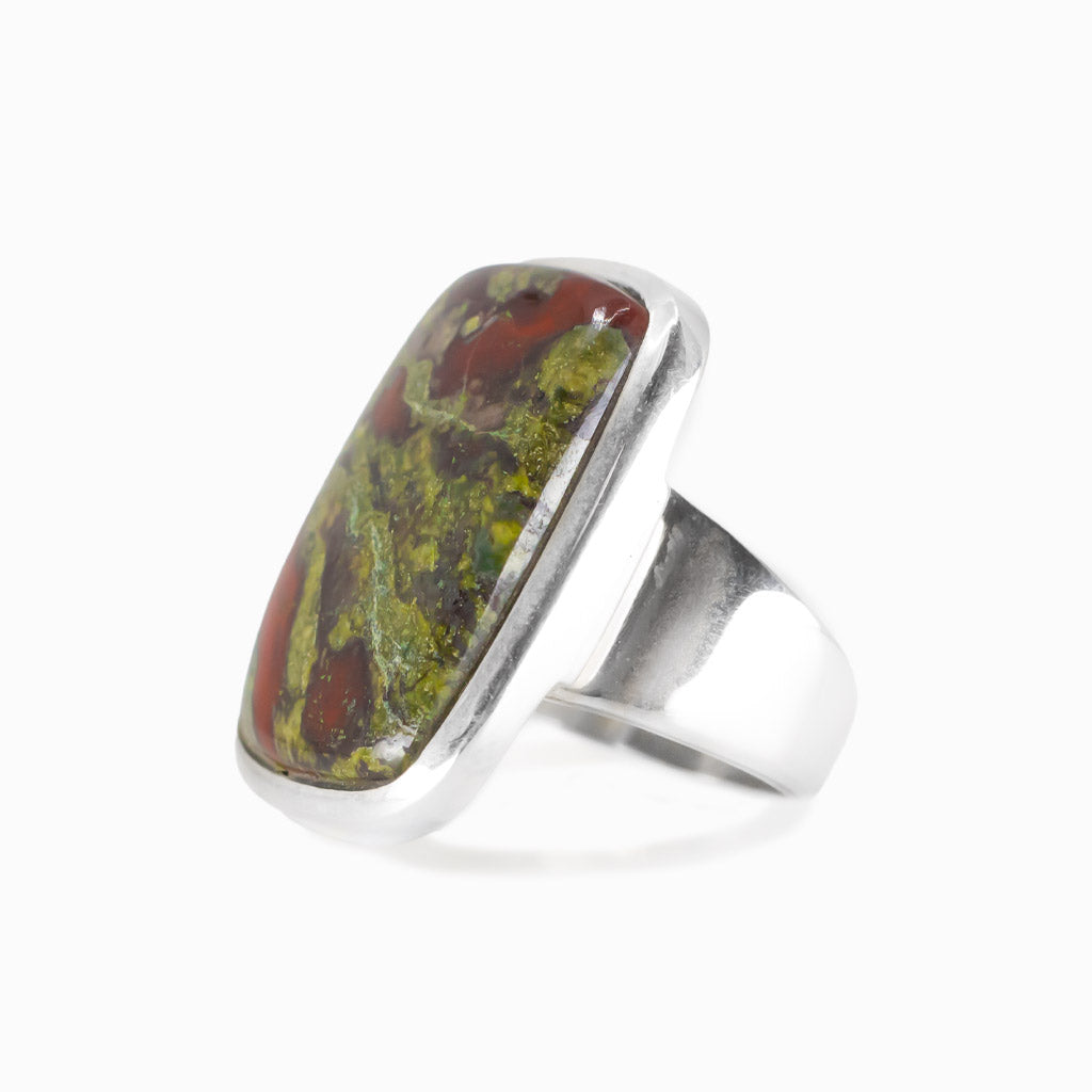 Dragon’s blood jasper rectangular cabochon ring in sterling silver with green and red tones