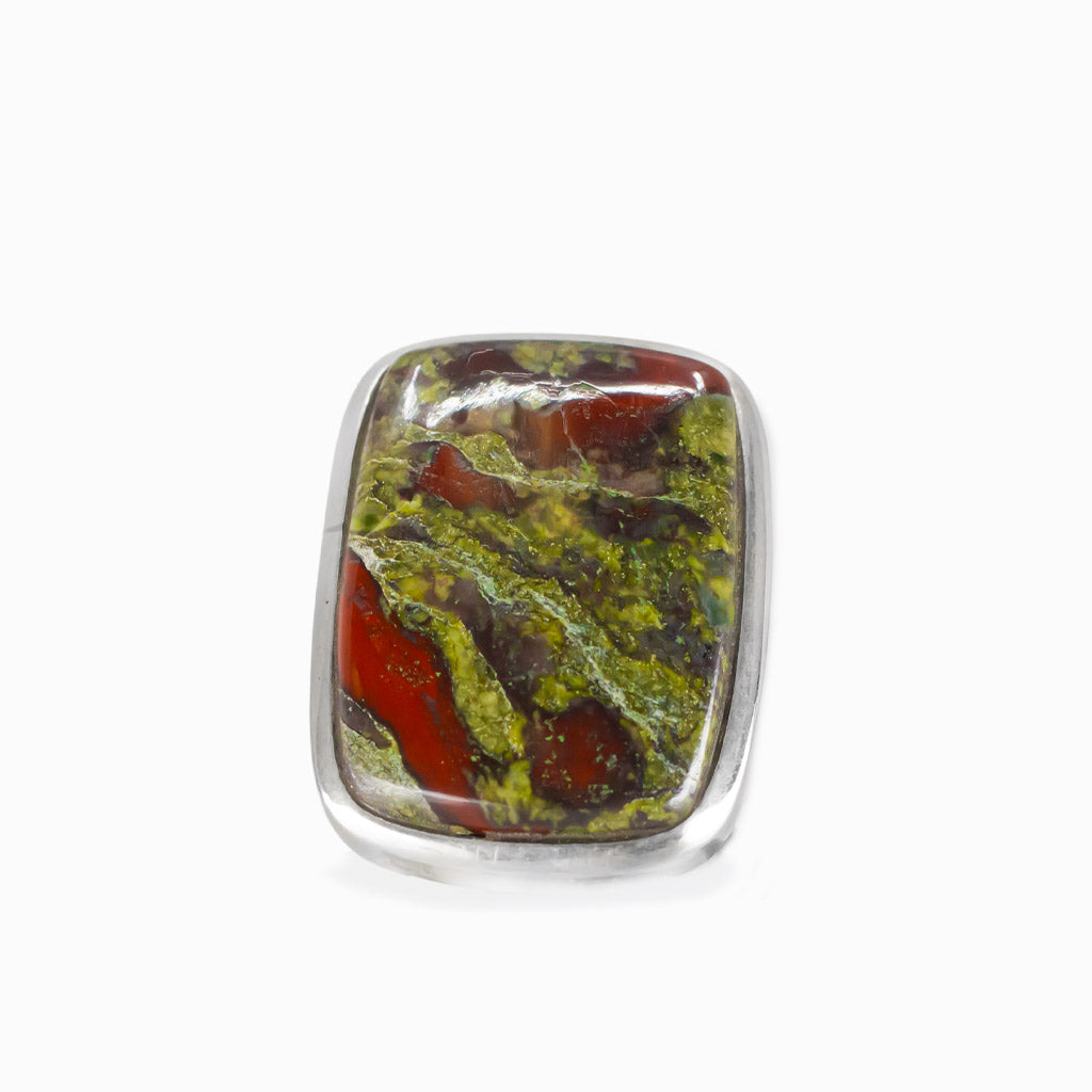Dragon’s blood jasper rectangular cabochon ring in sterling silver with green and red tones