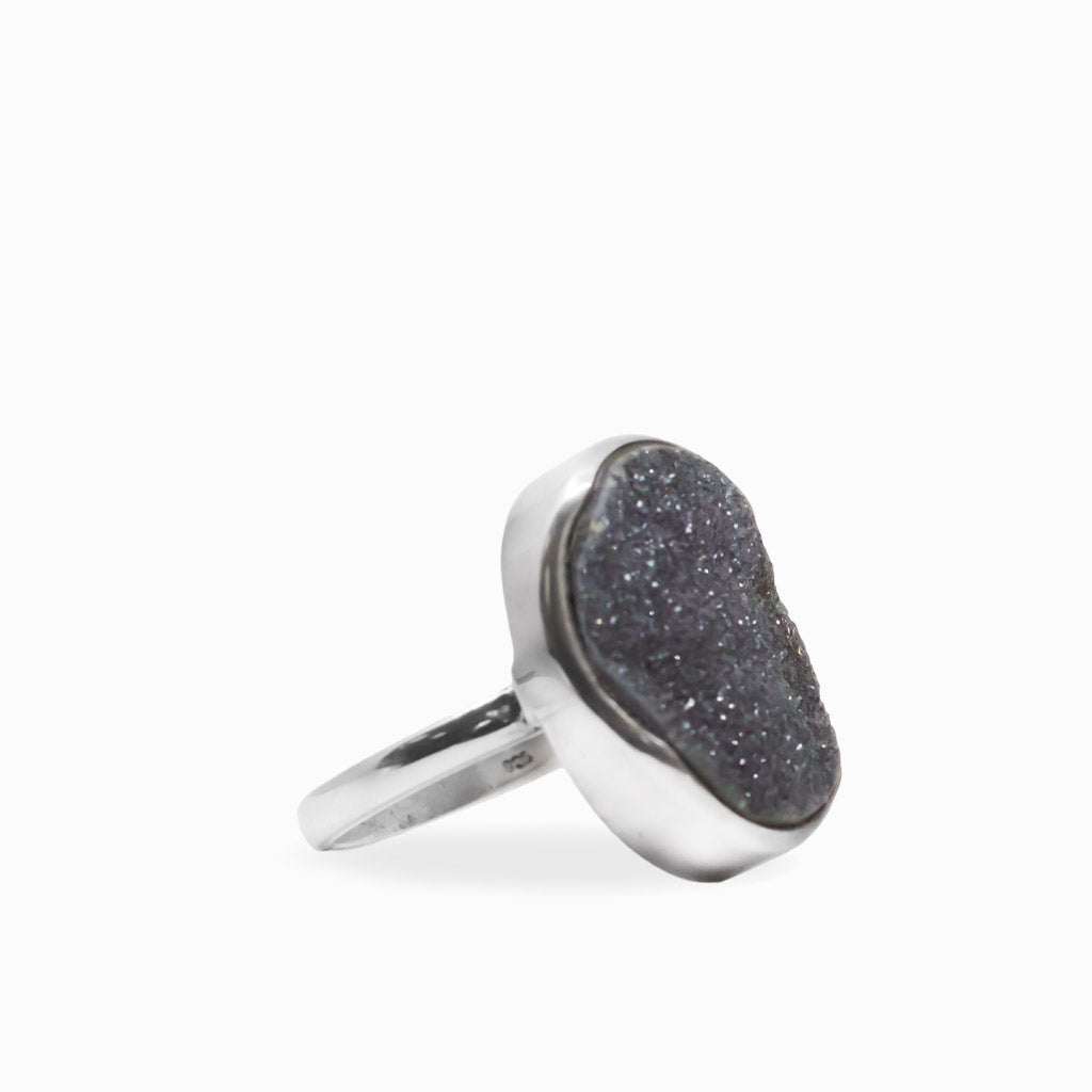 Large oval Black Onyx druzy ring with sparkling crystalline surface in polished 925 sterling silver.