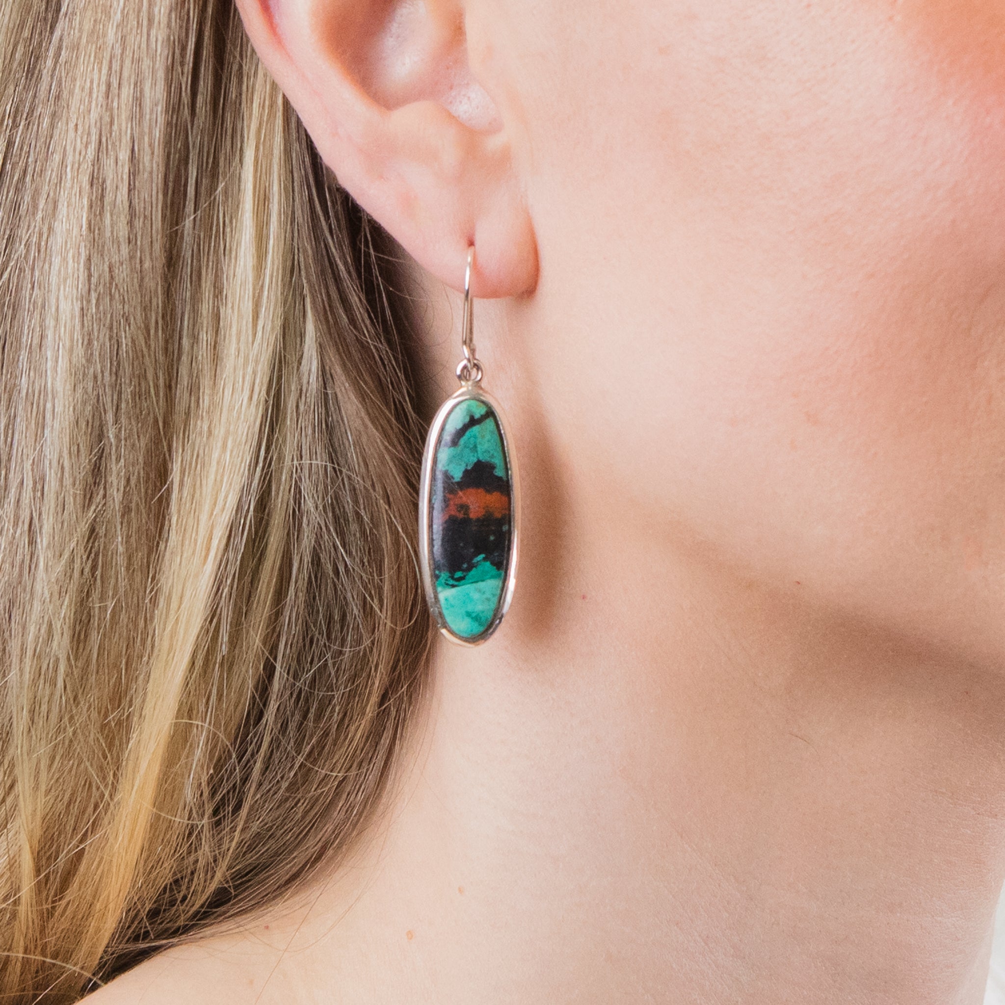 chrysocolla cuprite drop earrings ON MODEL