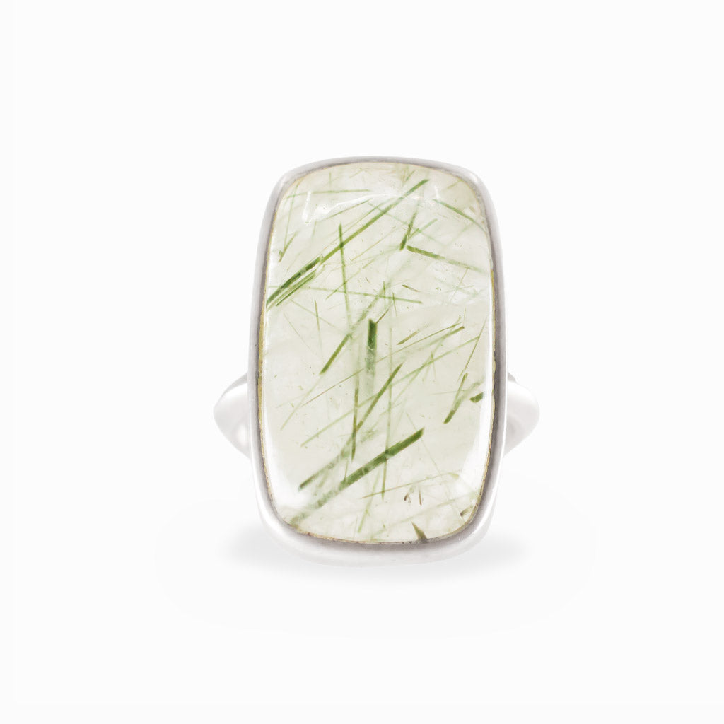 Rectangle Epidote in Quartz cabochon sterling silver statement ring with natural green inclusions.