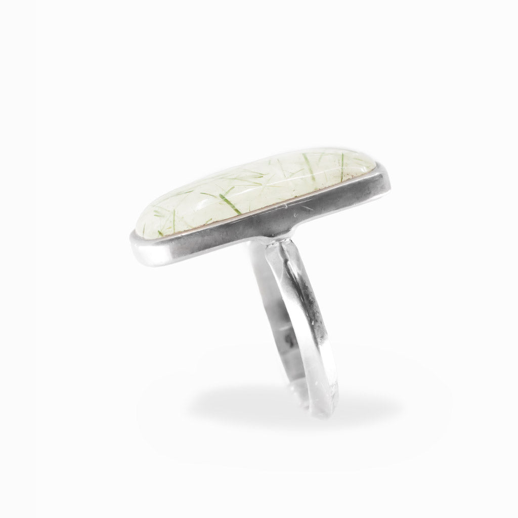 Rectangle Epidote in Quartz cabochon sterling silver statement ring with natural green inclusions.