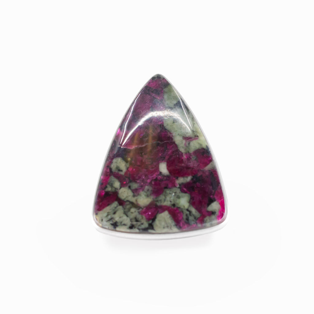 Eudialyte triangular cabochon ring in polished sterling silver with vivid raspberry pink, green and dark natural mineral patterning.