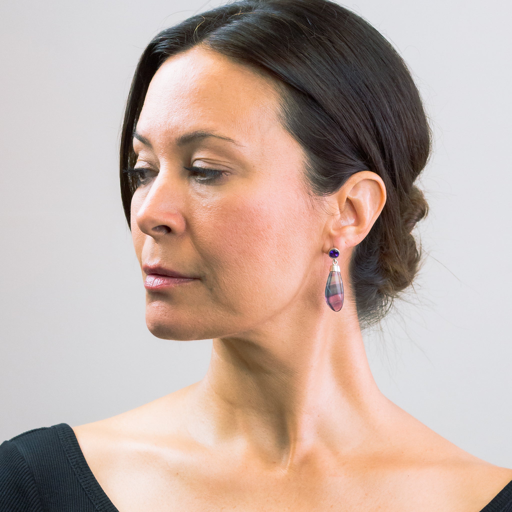 Amethyst and Fluorite Stud Drop Earrings