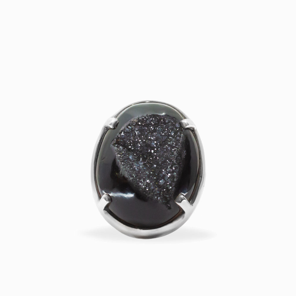 Black Onyx druzy statement ring in polished 925 sterling silver, featuring a sparkling crystal center and grounding, protective energy.