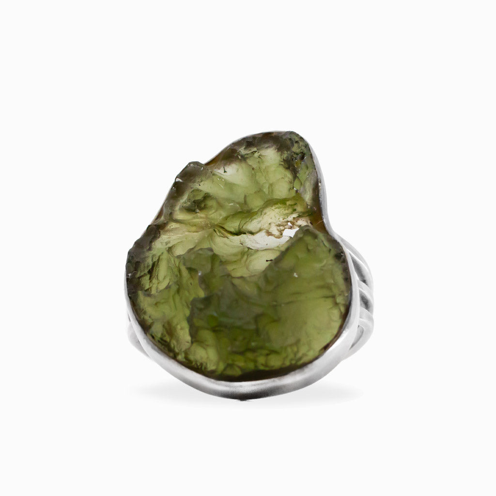 Raw freeform olive-green Moldavite ring with natural textured surface set in polished 925 sterling silver.