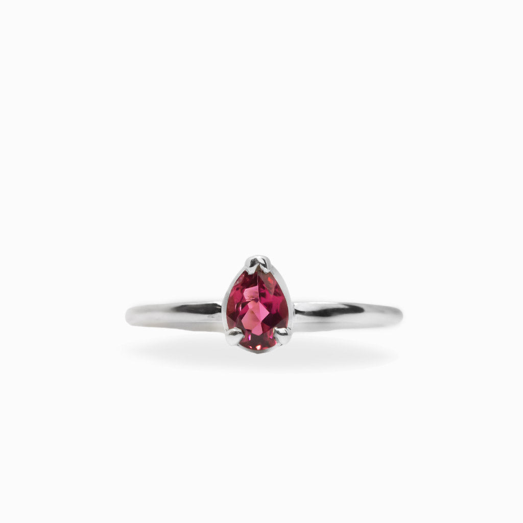 Pear-shaped faceted Pink Tourmaline ring in polished 925 sterling silver with a three-prong setting and slender silver band.