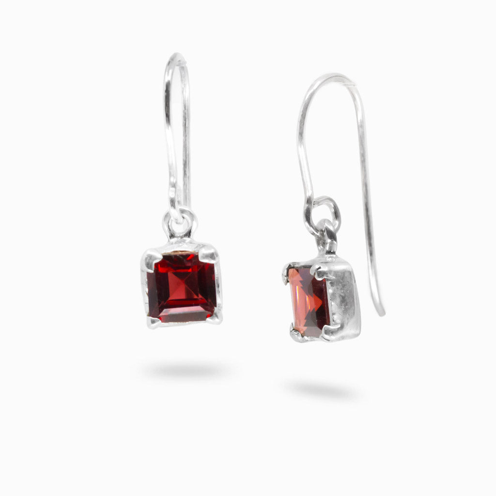 Faceted square garnet drop earrings in sterling silver