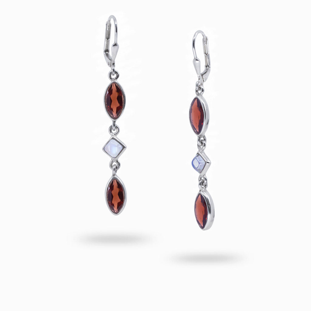Garnet and Rainbow Moonstone Drop Earrings