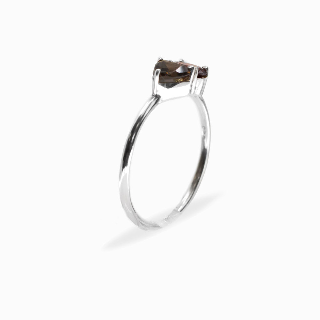 Faceted Garnet and pear-shaped Smoky Quartz two-stone ring in polished 925 sterling silver with a delicate silver band.