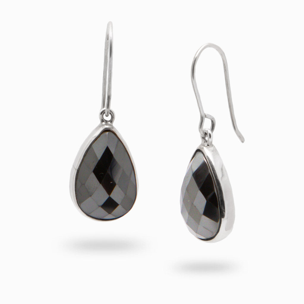 FACETED TEAR HEMATITE DROP EARRINGS