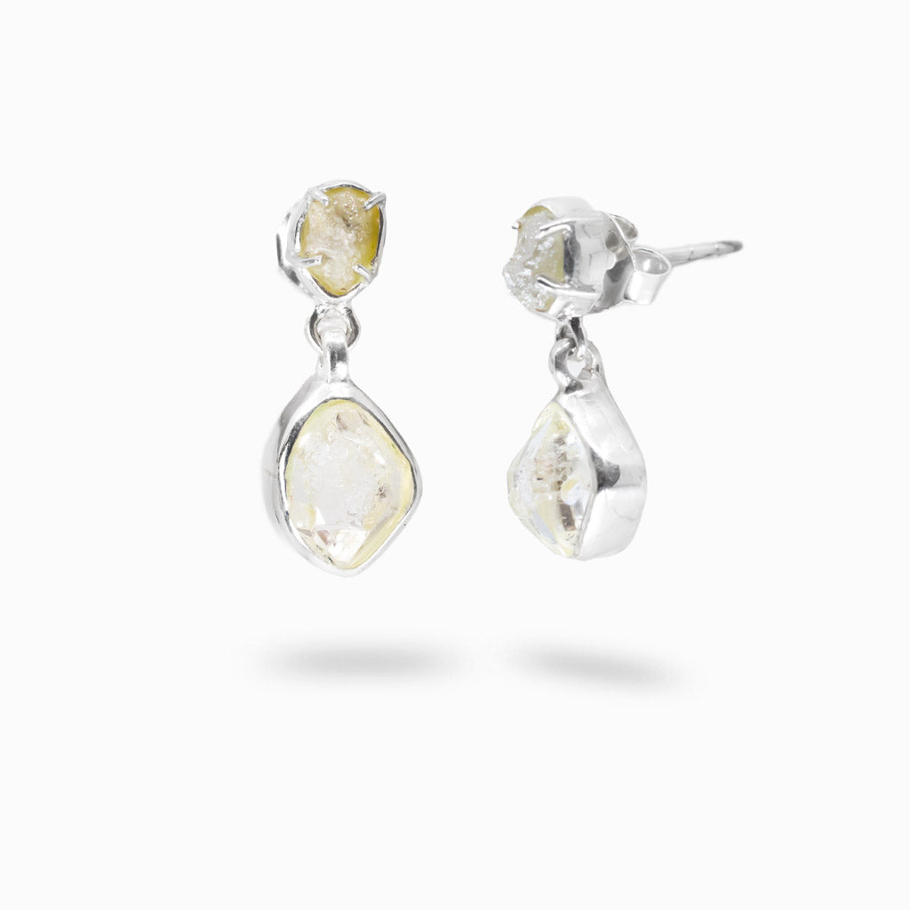 Raw diamond and herkimer quartz drop earrings in sterling silver
