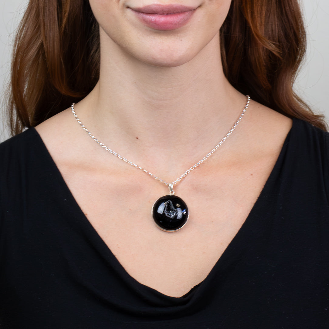 Round Onyx Druzy pendant necklace in sterling silver featuring a sparkling natural druzy crystal cavity. ON MODEL