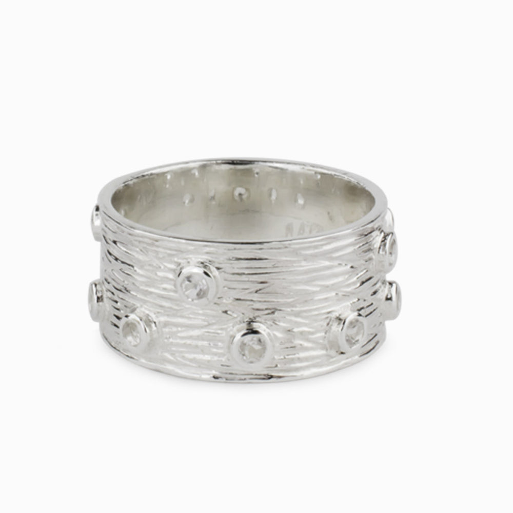 FACETED MULTISTONE WHITE TOPAZ WIDE STERLING SILVER BAND